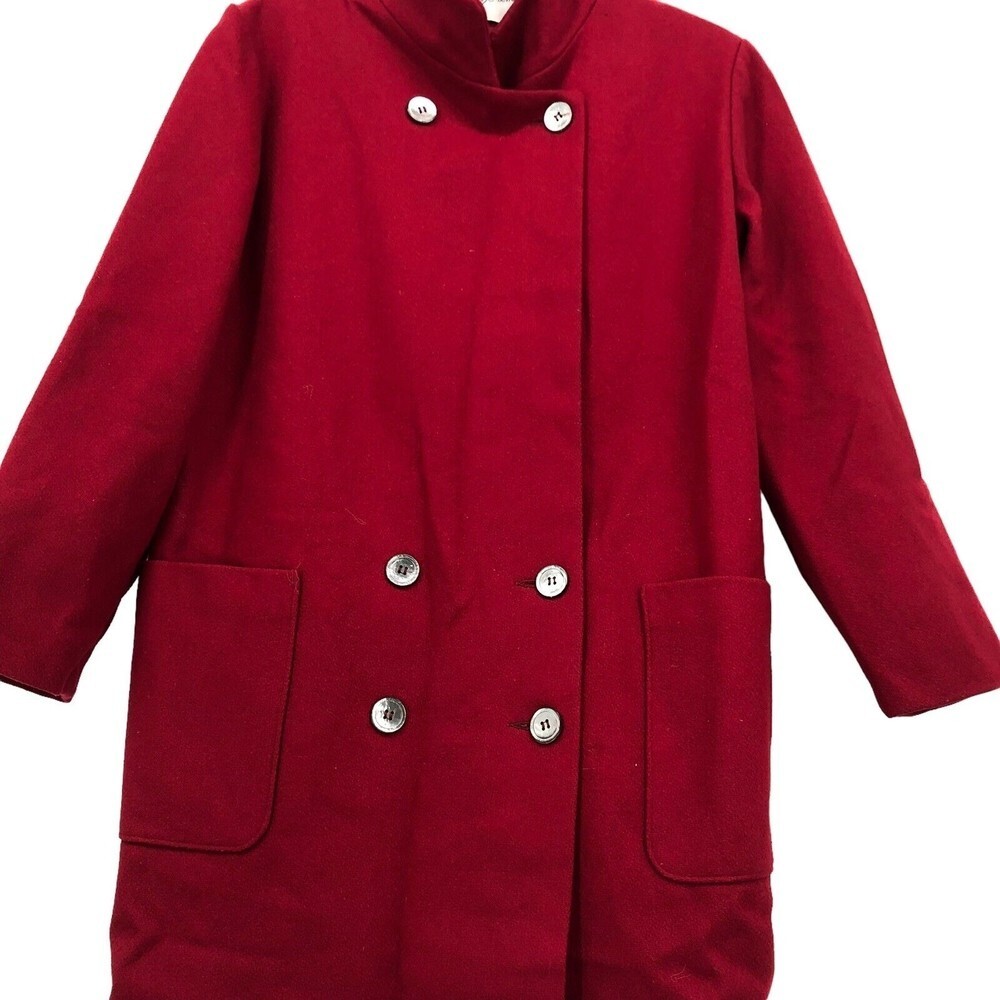 Vintage 80s Red Wool Mod Pea Mock Neck Mother of Pearl Button Beau Brem Coat USA - Picture 2 of 11